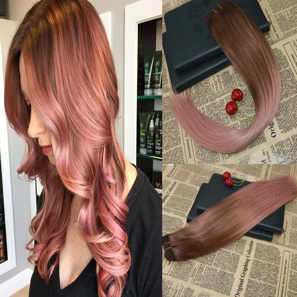 Balayage Real Menselijk Haar Weave Rose Gold Virgin Remy Inslag Hair Extensions Onverwerkte Slik Rechte Bundels Omber Hair Extensions