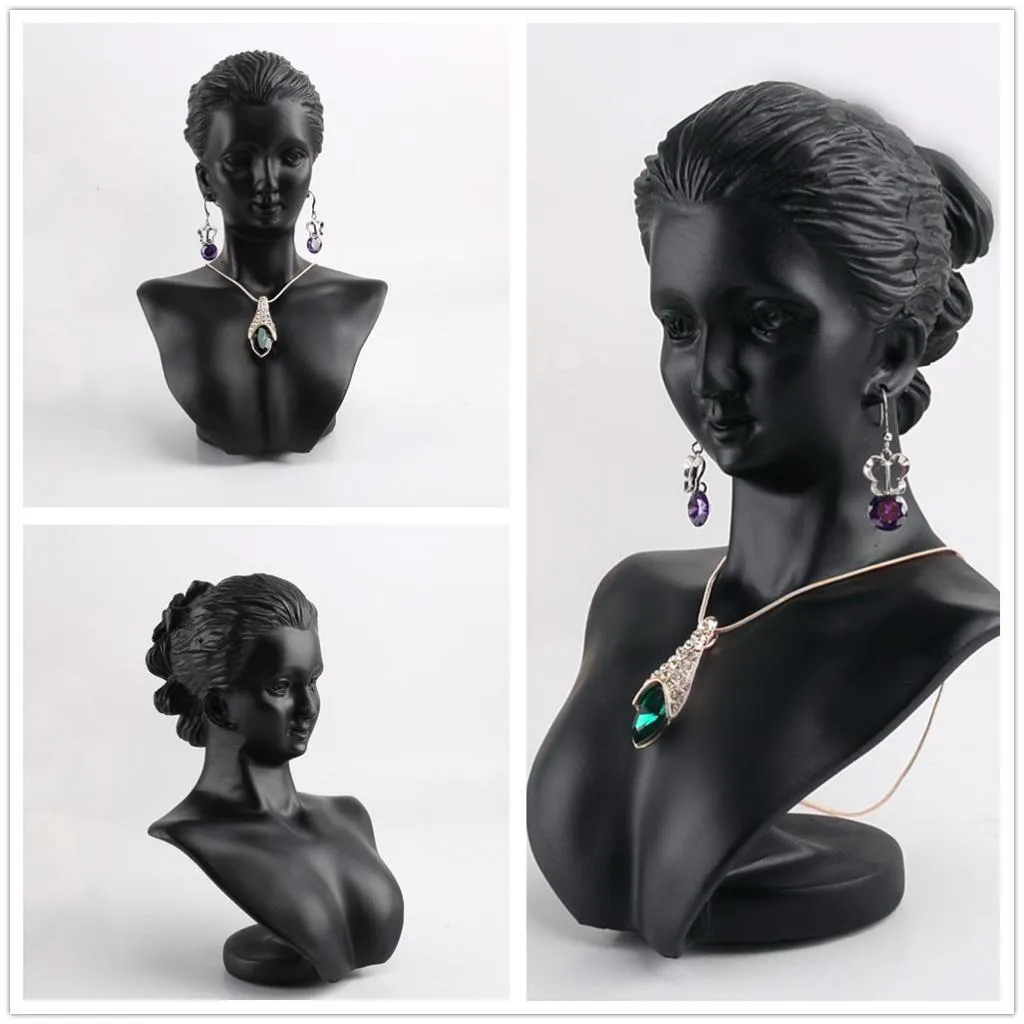 Boutique Counter Black Resin Lady Figure Mannequin Display Bust Stand Jewelry Rack for Necklace Pendant Earrings MX200810