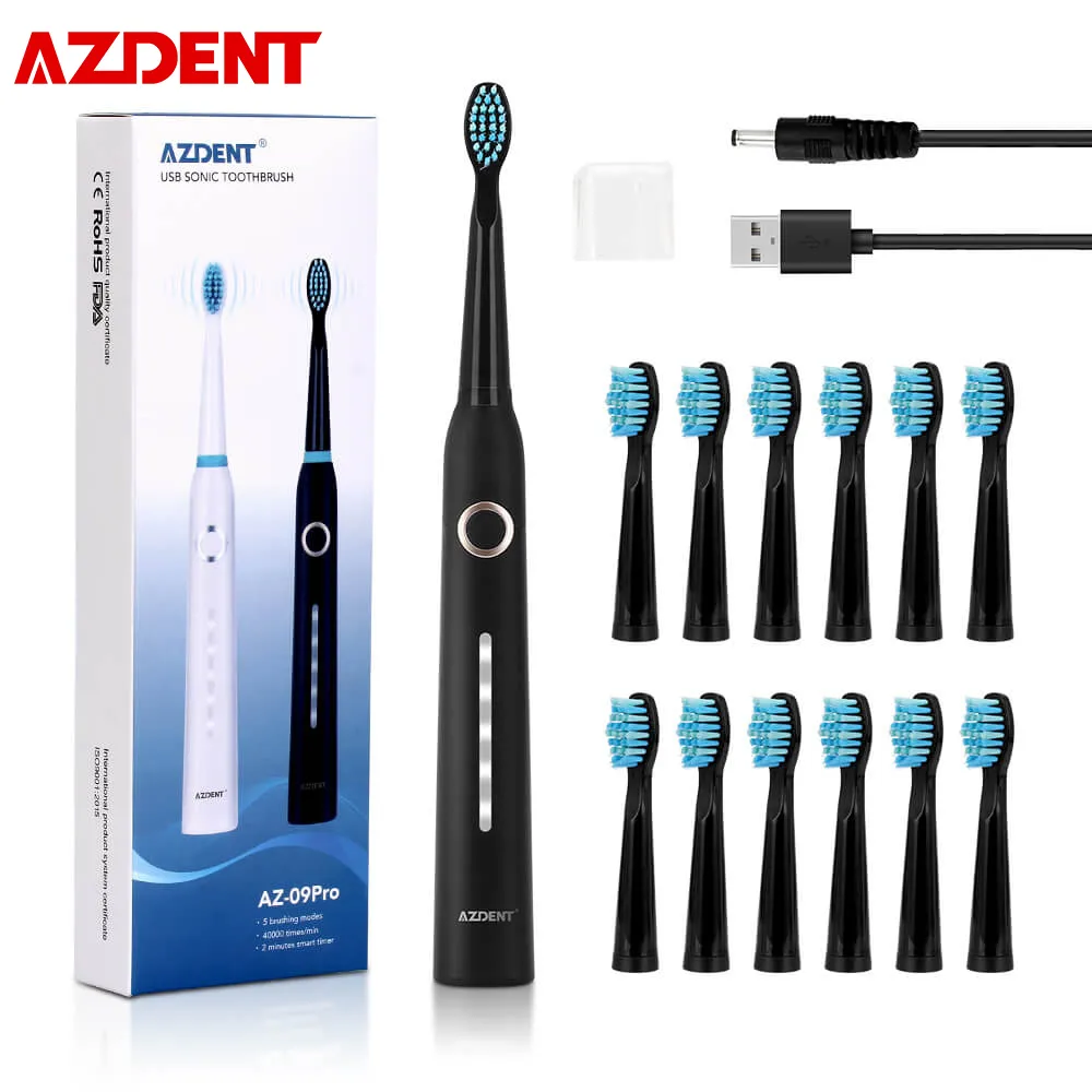AZDENT AZ-9Pro بالموجات فوق الصوتية فرشاة الأسنان الكهربائية 5 طرق USB قابلة للشحن الأسنان فرشاة التنظيف العميق تبييض الأسنان فرشاة الكبار طفل