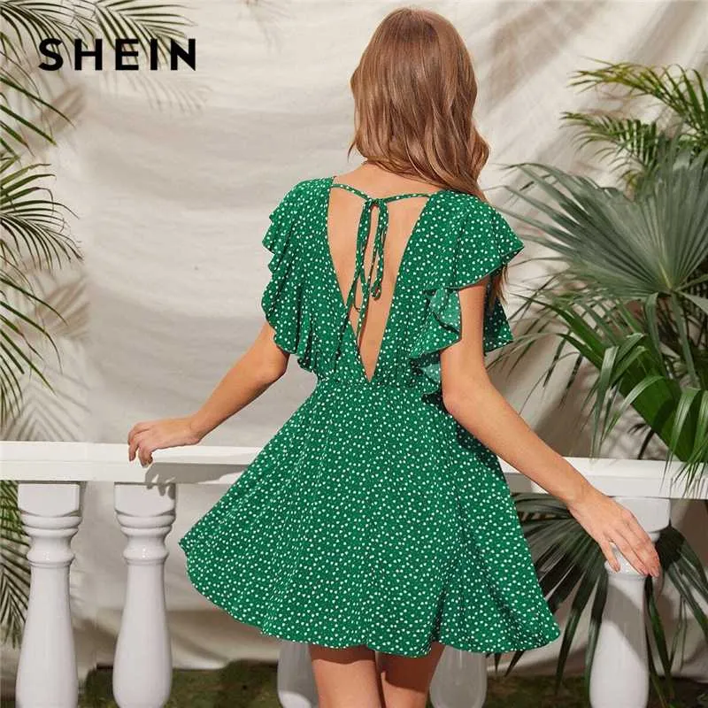 Shein Verde Confetti Coração Imprimir Tie Voltar Ruffle Armhole