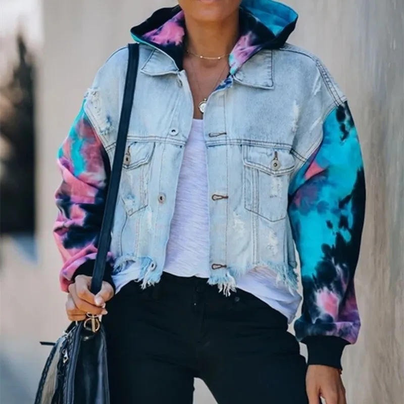 Heißer Verkauf Mode Europäischen Amerikanischen frauen Denim Jacke Patchwork Tie-dye Ripped Fringe Damen Jeans Jacke Mantel 3 farben