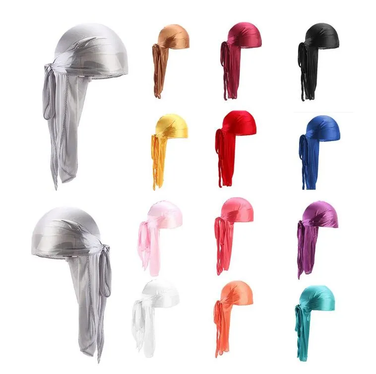 Silk Headband New Unisex Long Silk Satin Breathable Turban Hat Wigs Doo Durag Biker Headwrap Chemo Cap Pirate Hat Men Hair Accessories GD584