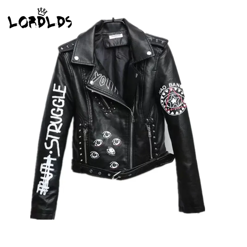 LORDXX noir Graffiti cuir veste femmes 2020 nouveau printemps Punk Moto manteau recadrée Faux vestes avec ceinture