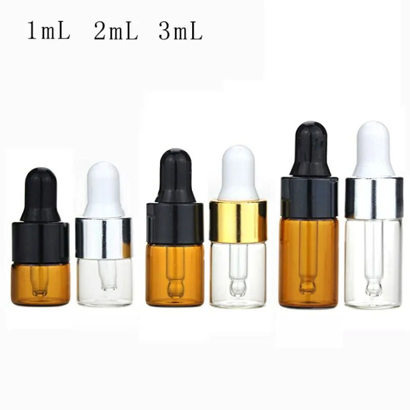 1 ml / 2 ml / 3 ml 100 stks / partij lege amber clear druppelaar fles etherische olie fles mini glas essentiële olie flacon glazen fles LX2951