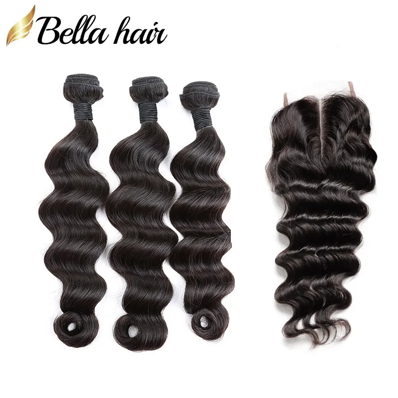 Wews de cabelo humano indiano com fechamento top lace fecho parte média com 3pieces extensões de cabelo solto profundo 4 pçs / lote bellahair cor natural