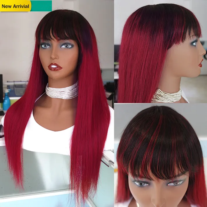 1b Bourgogne Colored Wig Pre Plucked Malaysian Remy Rak Naturlig Hår Paryk Med Bangs 150% Röd Ombre Gluslös Human Hair Non Lace Wig