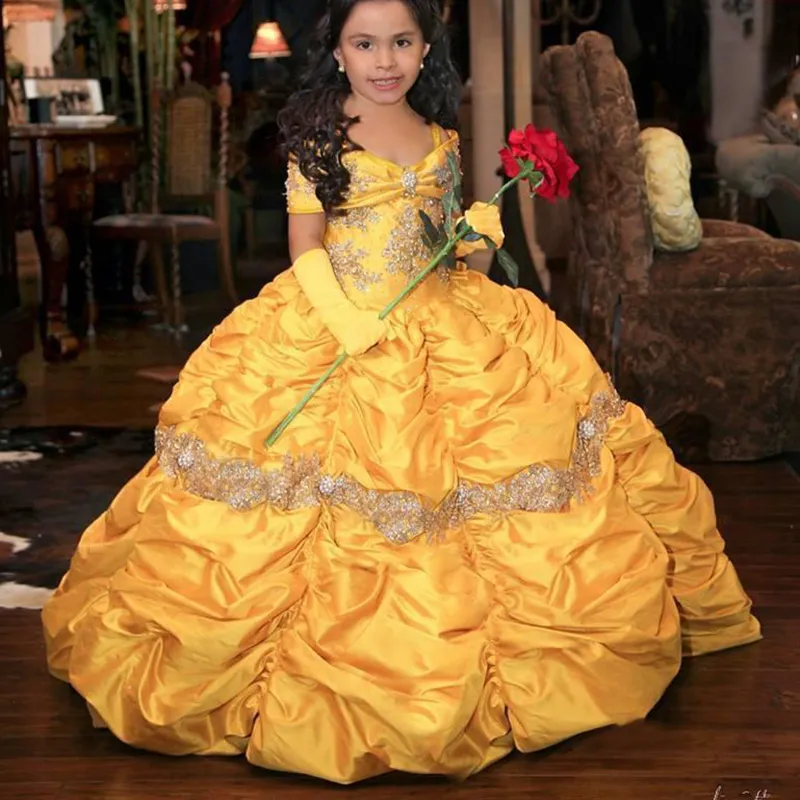 Желтое бальное платье принцессы в стиле ретро, платья с цветочным узором для девочек, кружевные тафтовые пышные платья для маленьких девочек, 2022, праздничные платья для малышей253q