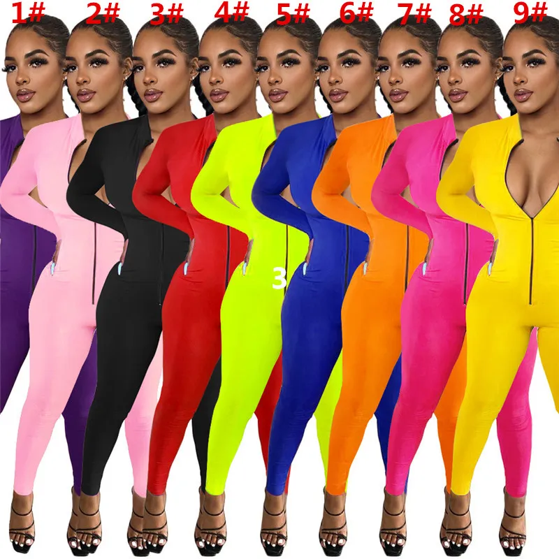 Mode Vrouwen Jumpsuit Effen Kleur Lange Mouw Zipper Rompertjes Zomer Bodycon Jumpsuits One Stuk Bodysuit Night Club Romper 9 Kleur 2020