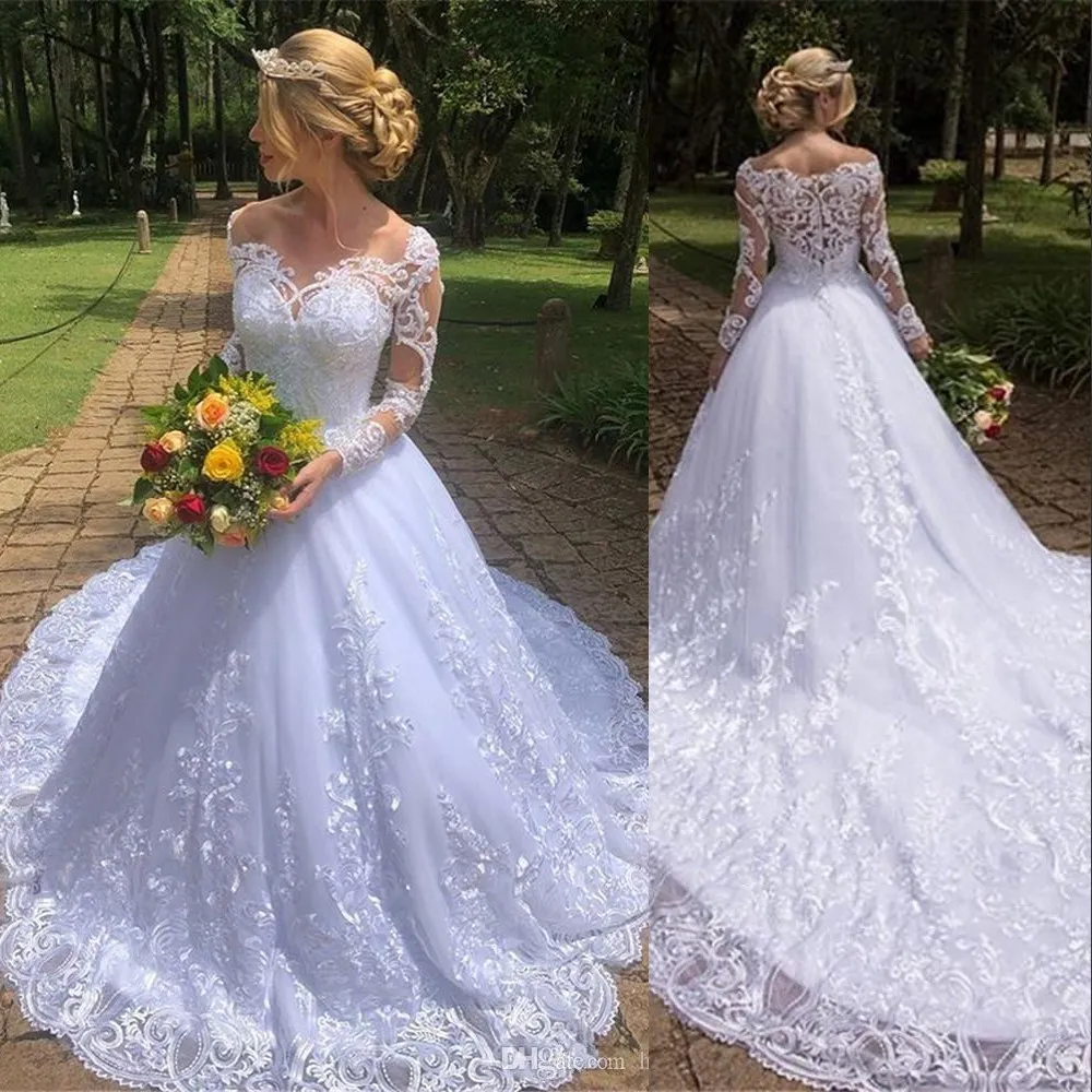 New Arabic Luxury A Line Wedding Dresses Sheer Neck Lace Appliques Crystal Beads Long Sleeves Zipper Back Court Train Plus Size Br249m