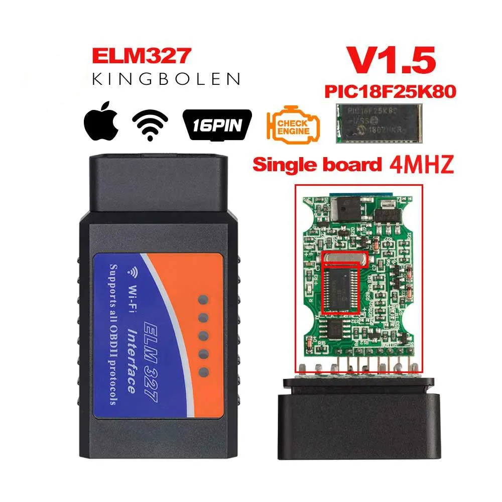 OBD2 ELM327 V1.5 Bluetooth/WIFI Bildiagnosverktyg ELM 327 OBD-kodläsarchip PIC18F25K80 Arbete Android/IOS/Windows 12V Bil