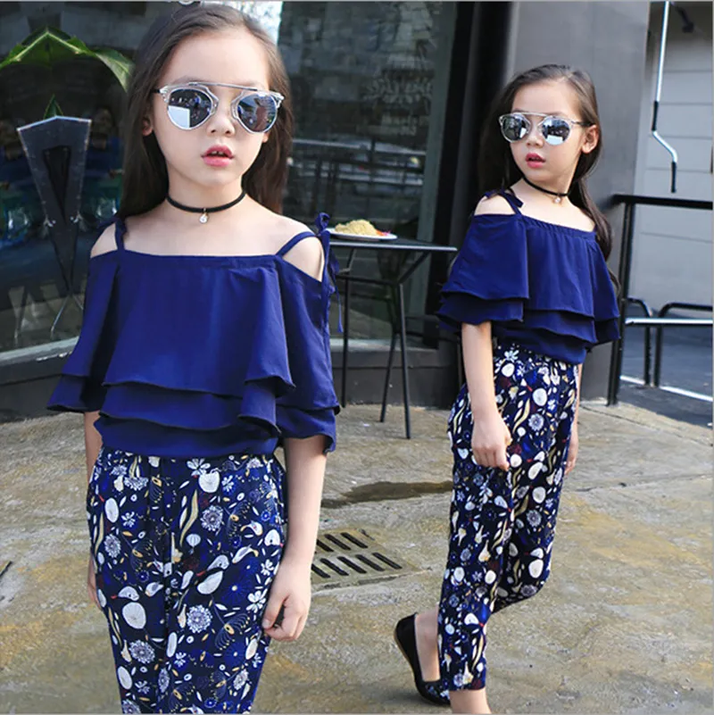 Zomer tiener meisjes kleding set 2020 kinderen buiten schouder tops bloemen broek 2 stks kinderen outfits meisje kleding voor 4 8 12 14 jaar