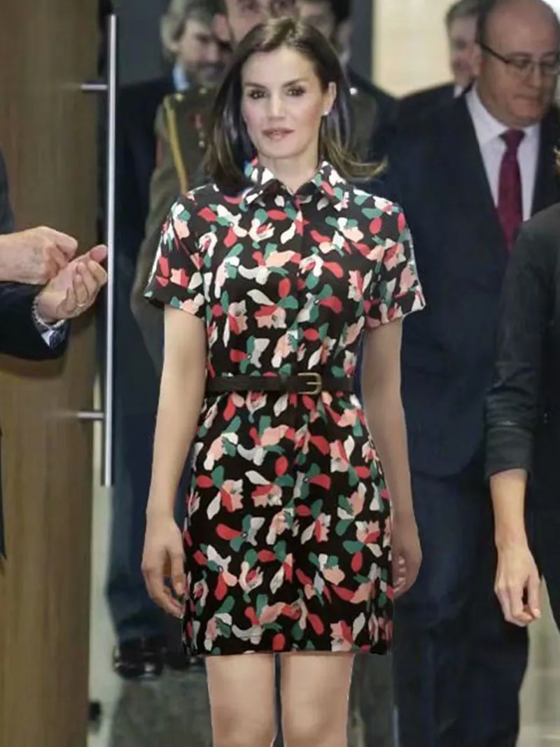 Letizia Ortiz Rocasolano Queen Floral Clower Print Dress Short Sleeve