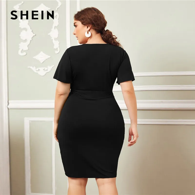 SHEIN Plus Size Black Butterfly Sleeve Draped Front Wrap Dress