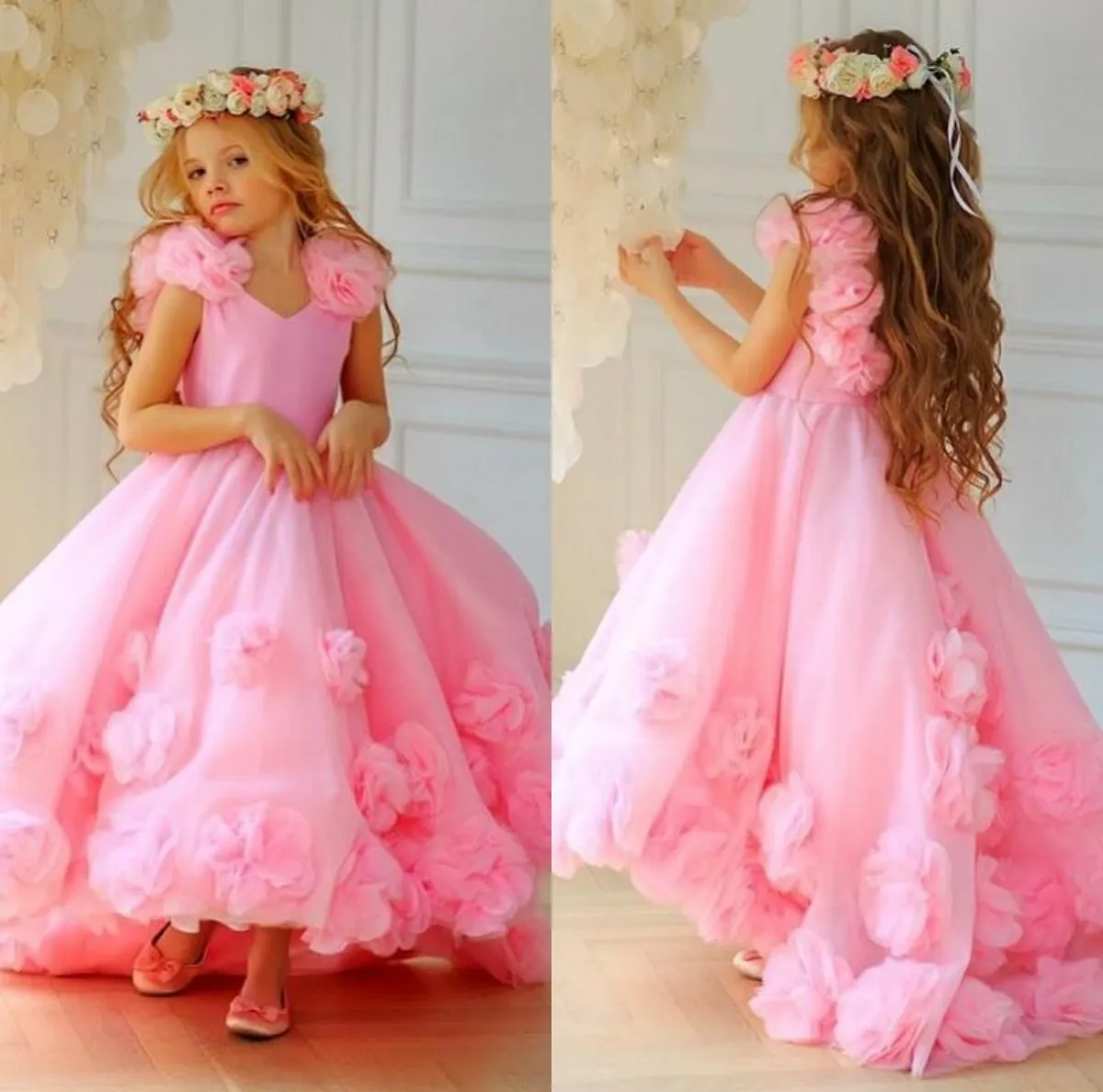 Hot Pink Cute Длины Цветы Девочка Платье 3D Flower аппликации пол Дети Подростки Pageant платье Birthday Party платье для свадьбы