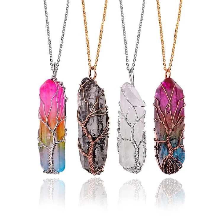 Tree Of Life Necklace Natural Crystal Necklace Quartz Healing Point Chakra Bead Gemstone Necklace Pendant stone-style Pendant Necklaces