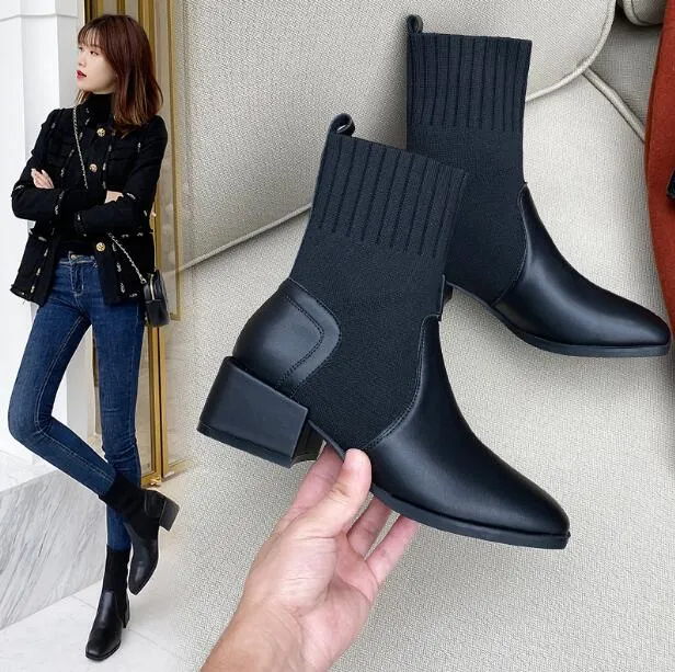 Damen-Stiefel mit klobigem Absatz, Stretch-Socken, schwarze Stiefeletten, luxuriöse sexy Slip-On-Stiefel mit quadratischem Zehenbereich und hohem Absatz, modische Martin-Stiefel für Damen