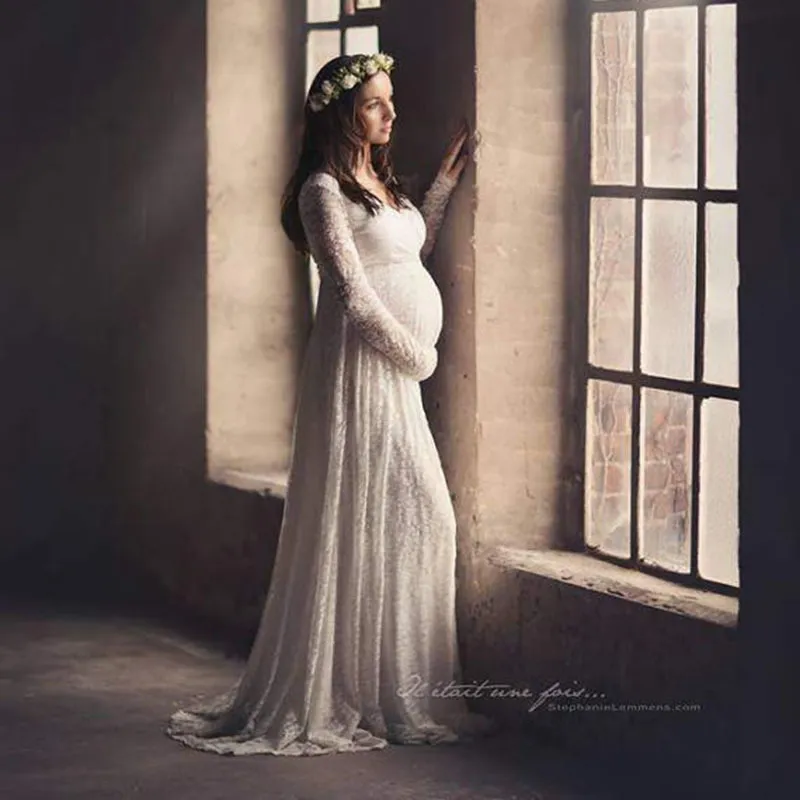 chinese dress ladies Momyknows White Lace Ruffle Mermaid Elegant Long Sleeve Baby Shower Maternity Maxi Dress White / S