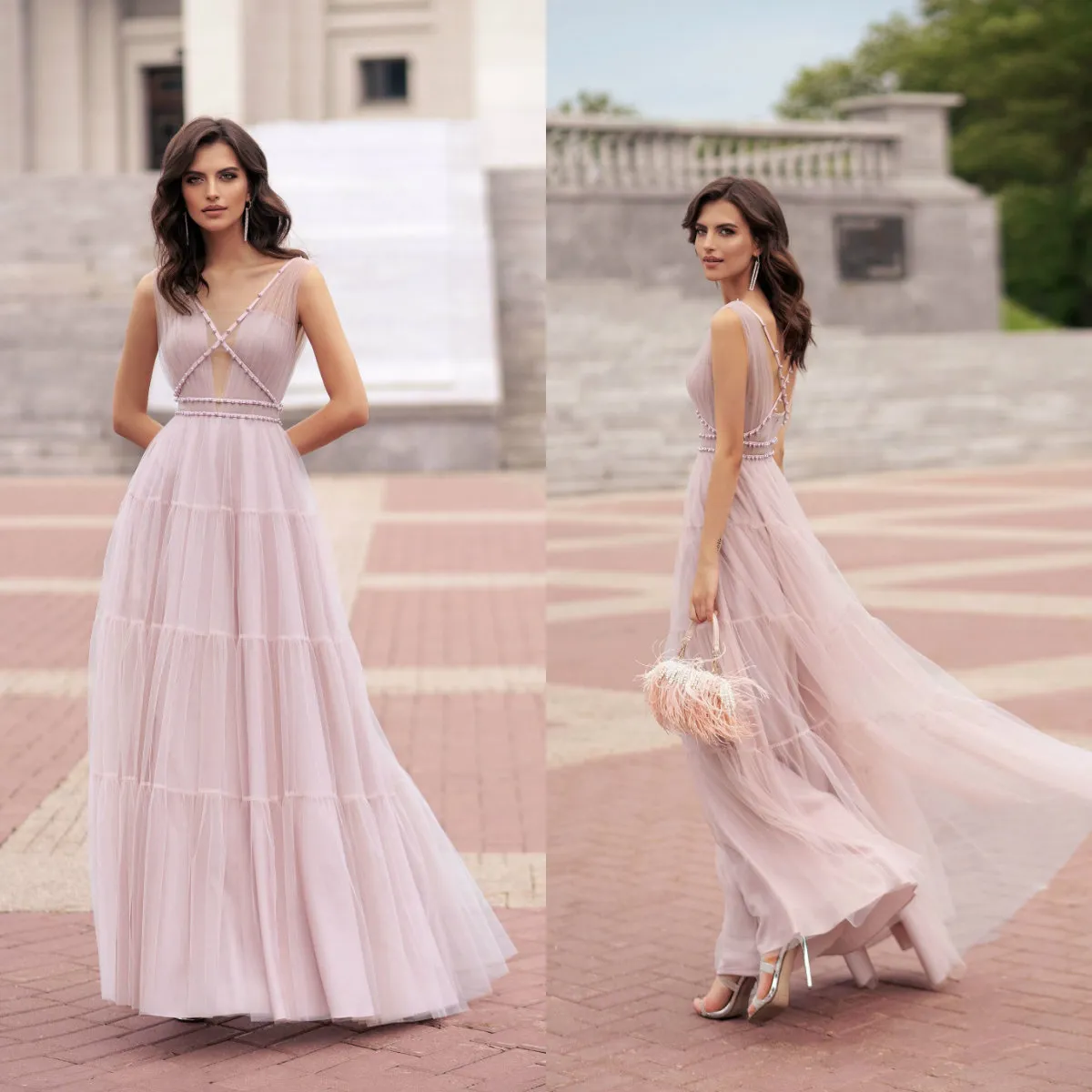 V Neck Bridesmaid Dresses Pearls Beaded Flush Pink Tulle Prom Dresses Floor Length Custom Made Evening Dress Robes De Demoiselle D'honneur