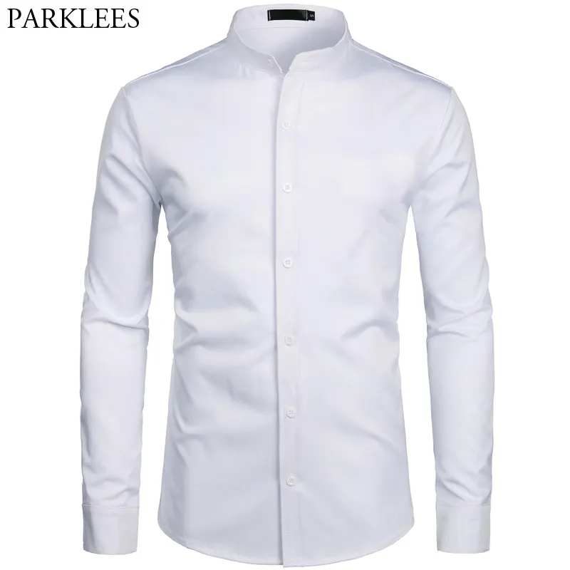 White Banded Collar Dress Shirt Men Slim Fit Long Sleeve Casual Button Down Shirts Mens Business Office Work Chemise Homme S-2XL