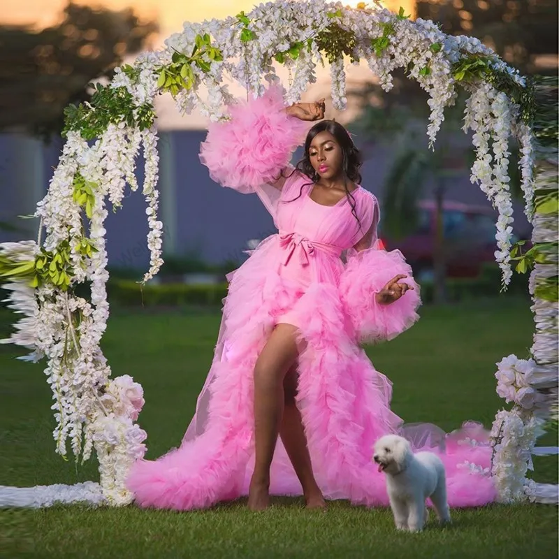 Baby Pink Robe Pregnant Woman Prom Dresses Sleepwear Ruffles