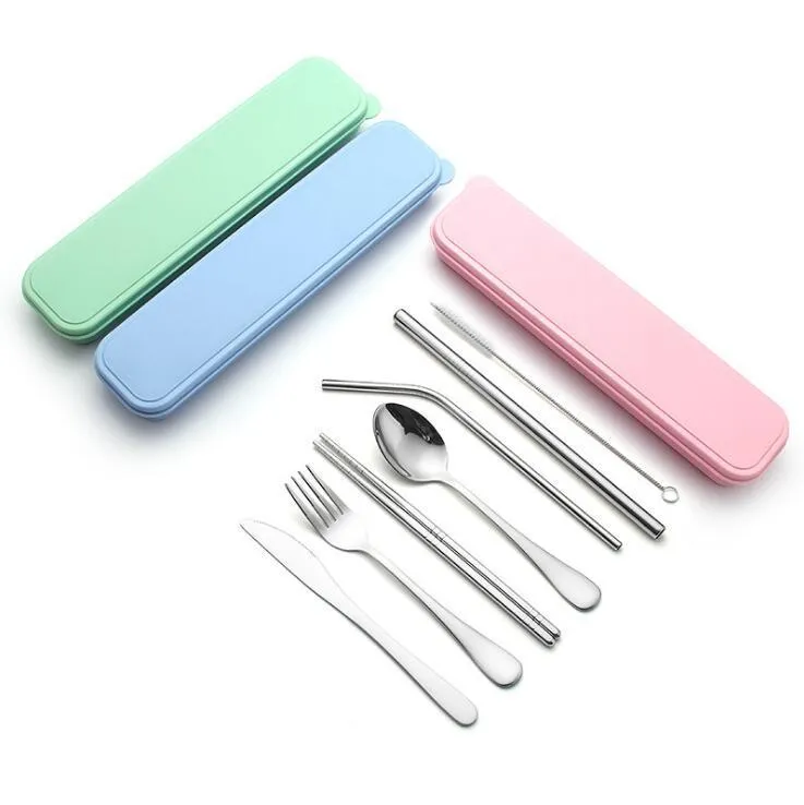 Portable Cutlery Set Stainless Steel Flatware Set For Outdoor Travel Picnic Dinnerware Set Metal Straw With Box Bag Kitchen Utensil