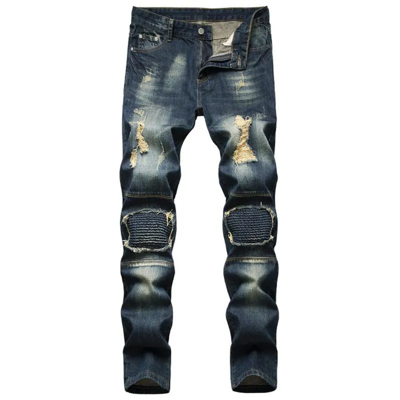 Fashion Blue Male's Bottoms Ripped Patches Skinny Destroyed Holes