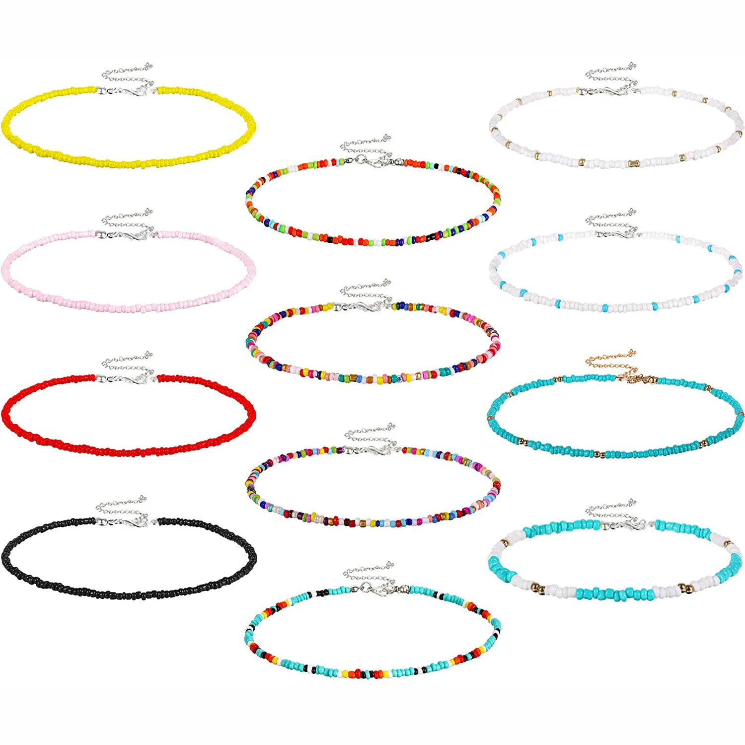 QIMOSHI 12 pièces Boho perles de rocaille en verre collier ras du cou coloré perlé Rainbown plage perle colliers ras du cou pour les femmes