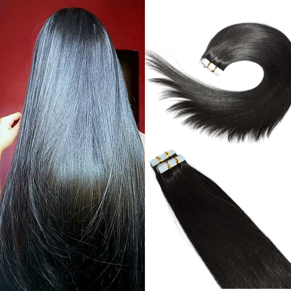 Tape in Human Hair Extensions # 1b natuurlijke kleur Remy Menselijk Hair Extensions Silk Recht 100G 40PCS