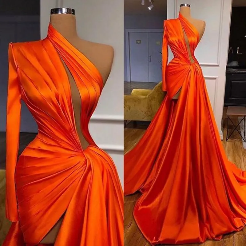 Oranje Herfst Winter Mermaid Avondjurken Side Split Tie Plooien Volledige Mouwen Prom Dreess One Shoulder Party Jurken Abiti da Cerimonia