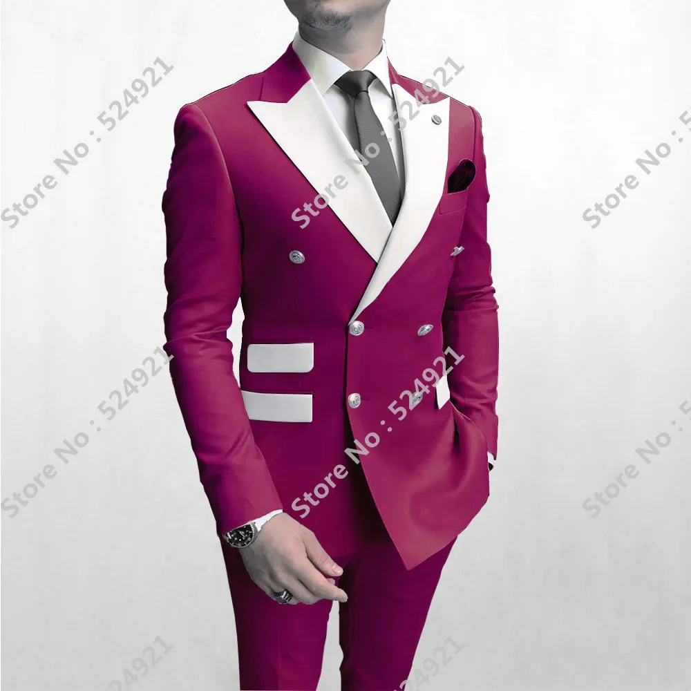 Double Breasted Men Suits rosa quente e branco Noivo Smoking pico lapela Groomsmen Wedding Best Man 2 peças (jaqueta + calça + empate) L585