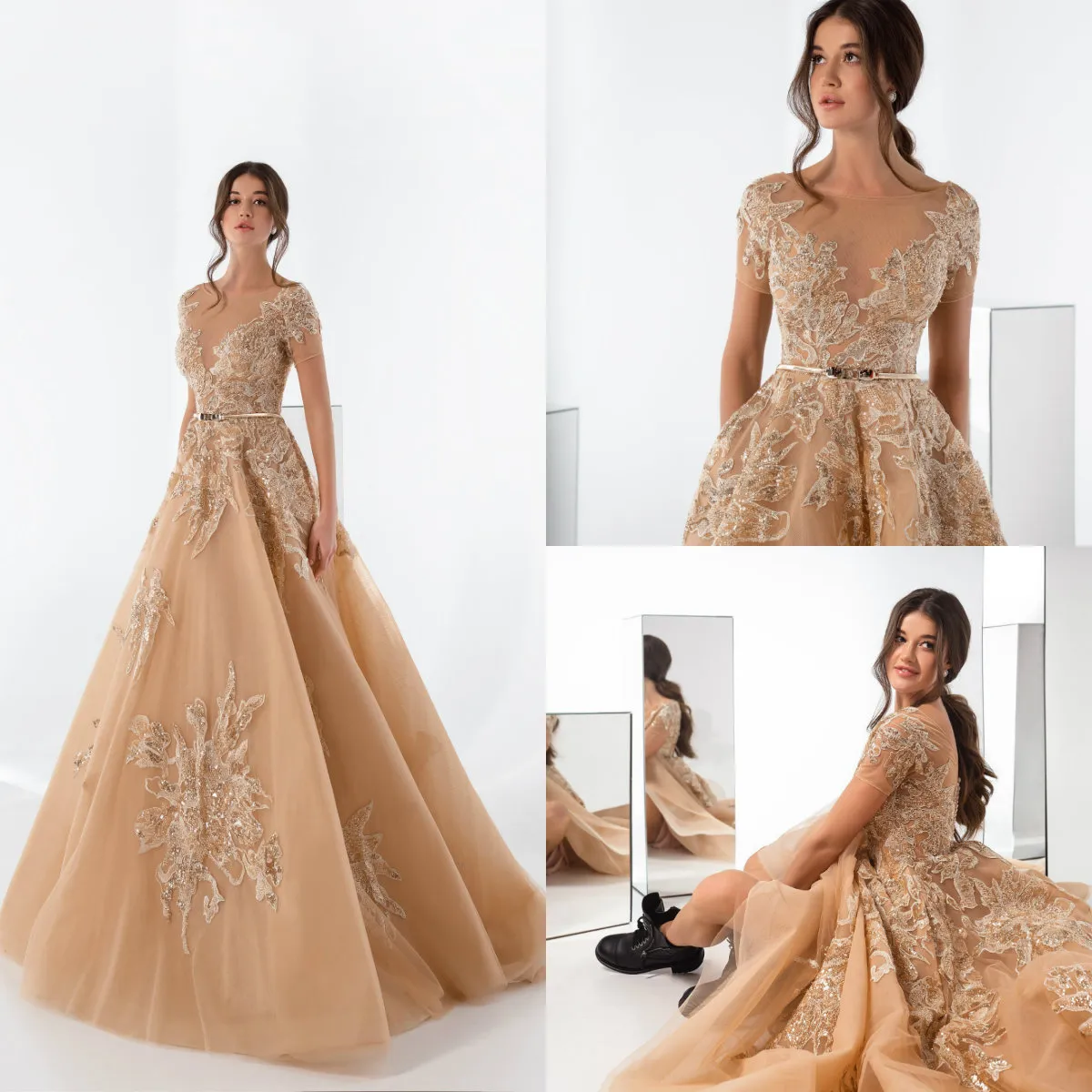 Elegant Evening Dresses Capped Sleeves Lace Appliques Beads Prom Gowns Custom Made Button Back Sweep Train Special Occasion Dress