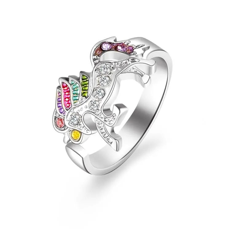 Mode Färgglada Crystal Unicorn Ringar Söt Öppning Justerbar Ring Kvinnor Bröllop Smycken För Flickor Födelsedag Presenter