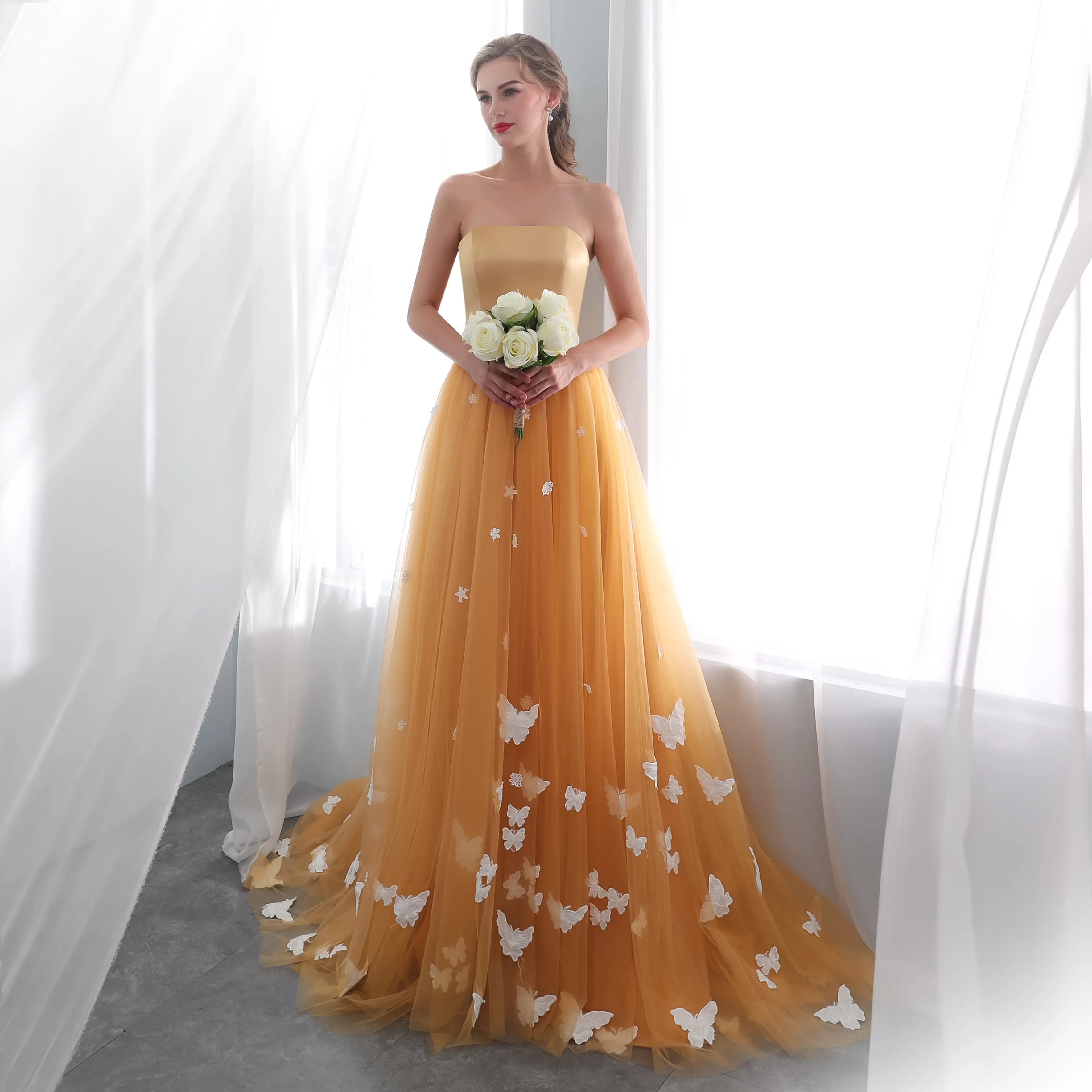 Orange Strapless Satin A-Line Wedding Dress with Butterfly Embroidery Lace  Applique Floor-Length Size 2 4 6 8 10 from Dhgate A-Line Wedding Dresses -  price 111.22