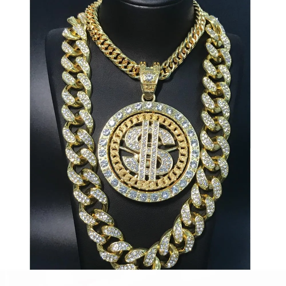 2cm Hip Hop Mężczyźni Złoty Sliver Naszyjnik Ice Out Crystal Miami Dollar Sign Rock Wisiorek Zestaw Bling Rapper Hip Hop Jewerly Dla Mężczyzn