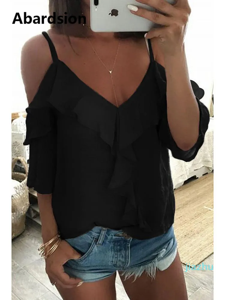 Heißer Verkauf Off Schulter Top Bluse Frauen Halbe Hülse Spaghetti Strap Rüschen Damen Tops Und Blusen Sommer Weißes Hemd blusa S-XL