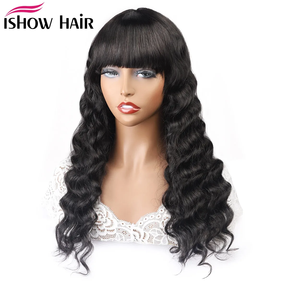 ishow brazilian remy human hair bang wigs pre plucked natural black straight wave full machine made lace front wigs body wave 150