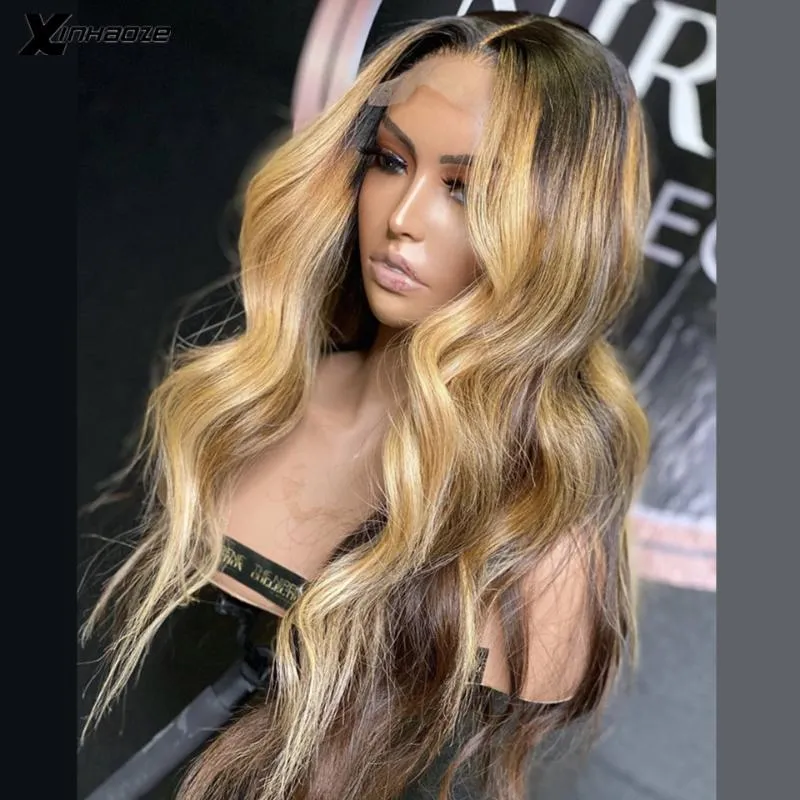Perruques de cheveux humains avant de lacet de vague naturelle pré-plumées Ombre Honey Blonde Brown Highlights Wig Malaysia Remy 5 * 5 Silk Top Lace Wigs