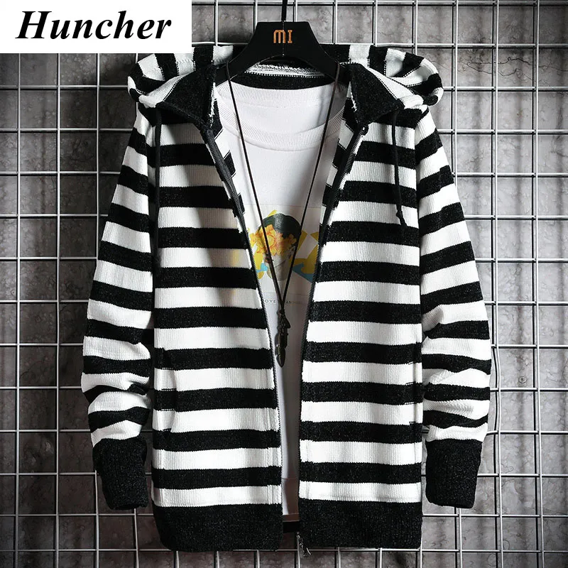 Huncher hommes Cardigan à capuche pull hommes manteaux 2020 automne coréen mince rayé tricoté Cardigans mâle froid Blouse chandails