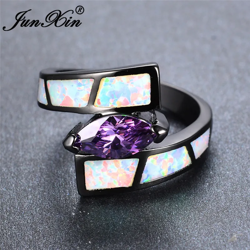 JUNXIN Boho Female Male White Blue Fire Opal Rings For Women Black Gold Filled Pink Purple Zircon Marquise Ring Wedding Jewelry318I