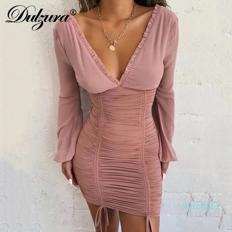 Hot Sale Dulzura 2019 autumn winter women mini dress long sleeve drawstring ruffle bodycon clothes party elegant dinner mesh bandage