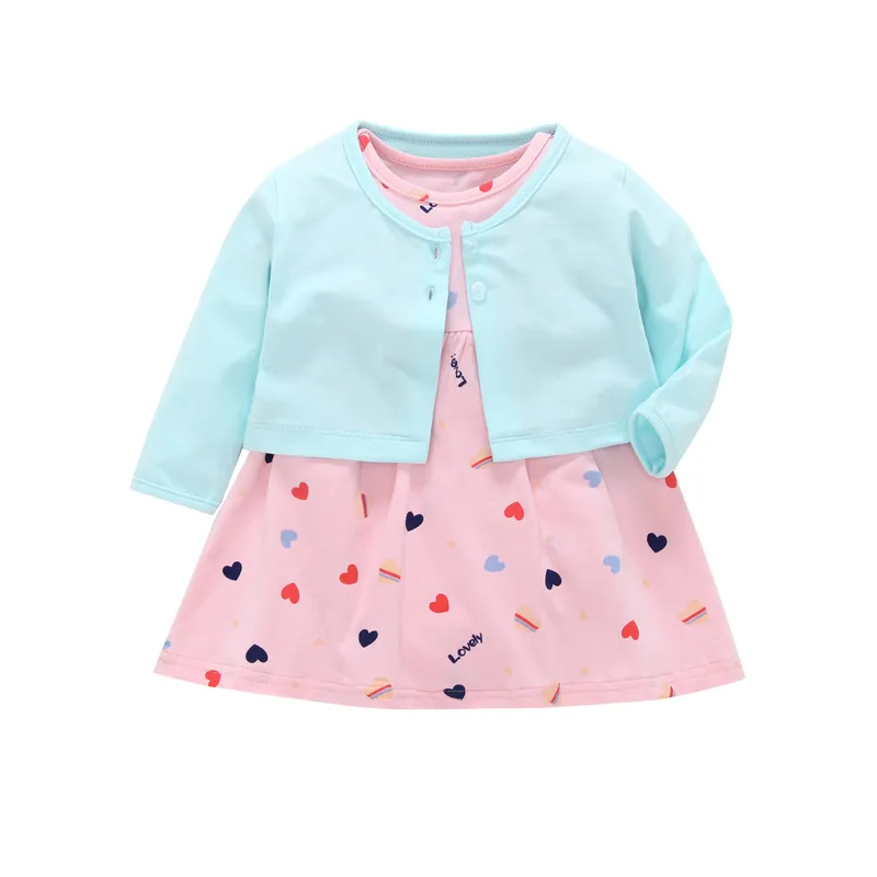  fall infant baby girl clothes set 2PCS baby girl outfits long sleeve coat blue+cute loving heart dress romper newborn suit