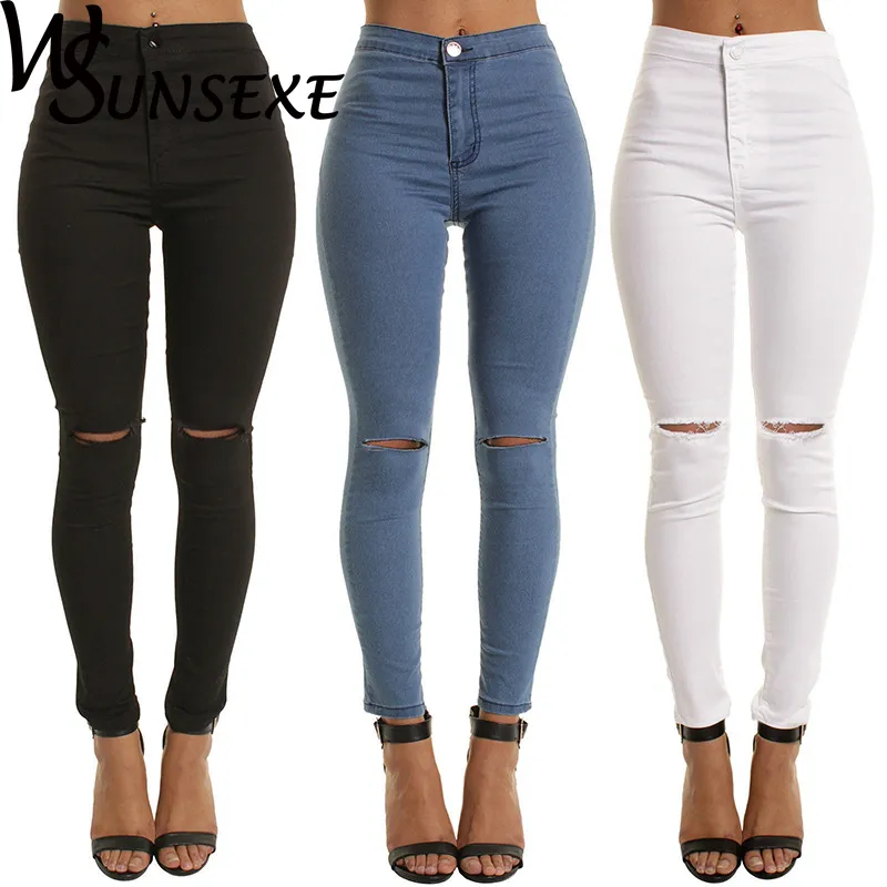 Women's Jeans Summer Style White Hole Skinny Ripped Women Jeggings Cool Denim High Waist Pants Capris Female Black Casual