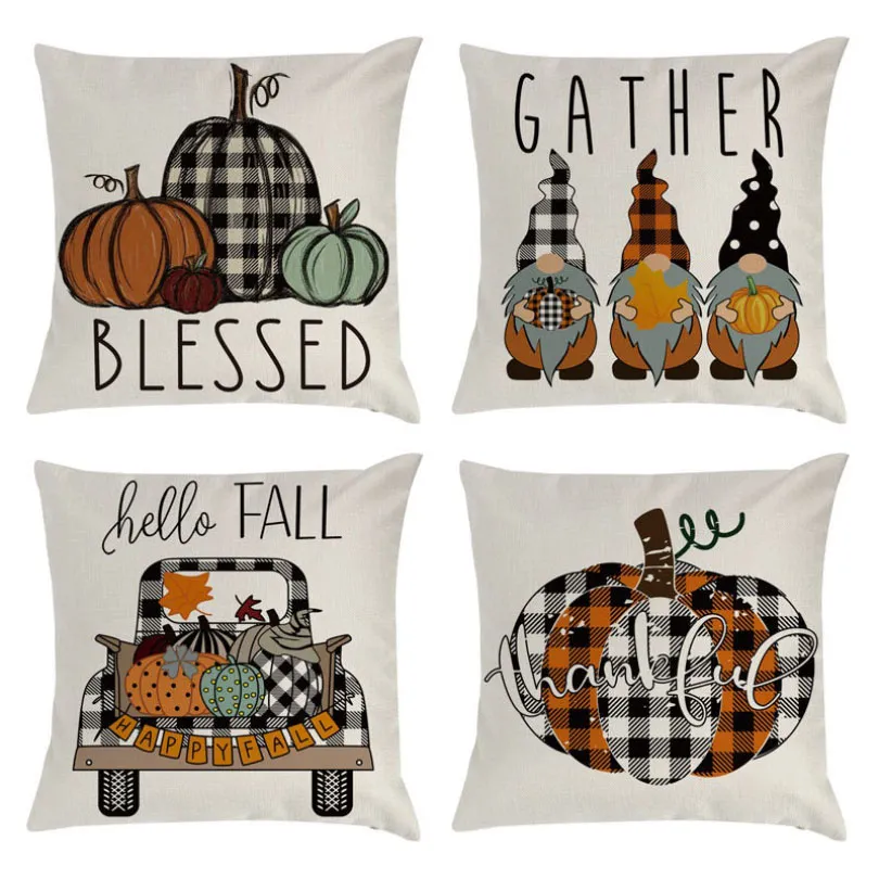 Fall Pillow Covers 45*45cm Fall Thanksgiving Plaid Gnomes Pumpkin Outdoor Decorative Throw Pillow Case Autumn Cushion Halloween HH9-3333