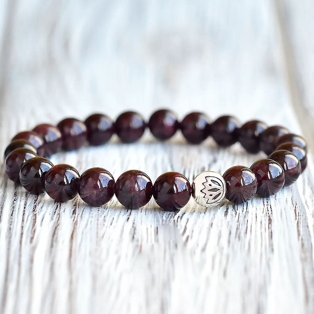 MG0744 Woman's A Grade Garnet Bracelet Natural Gemstone Good Luck Bracelet Lotus Flower Charm Yoga Energy Bracelet