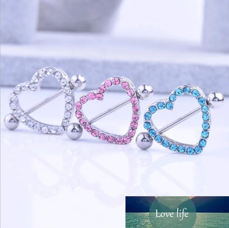 Pezón Escudo Anillos Barbells Amor Corazón Médico Acero inoxidable CZ Diamante Diamante de imitación Pezón Piercing para el cuerpo Joyas Rosa Azul Blanco