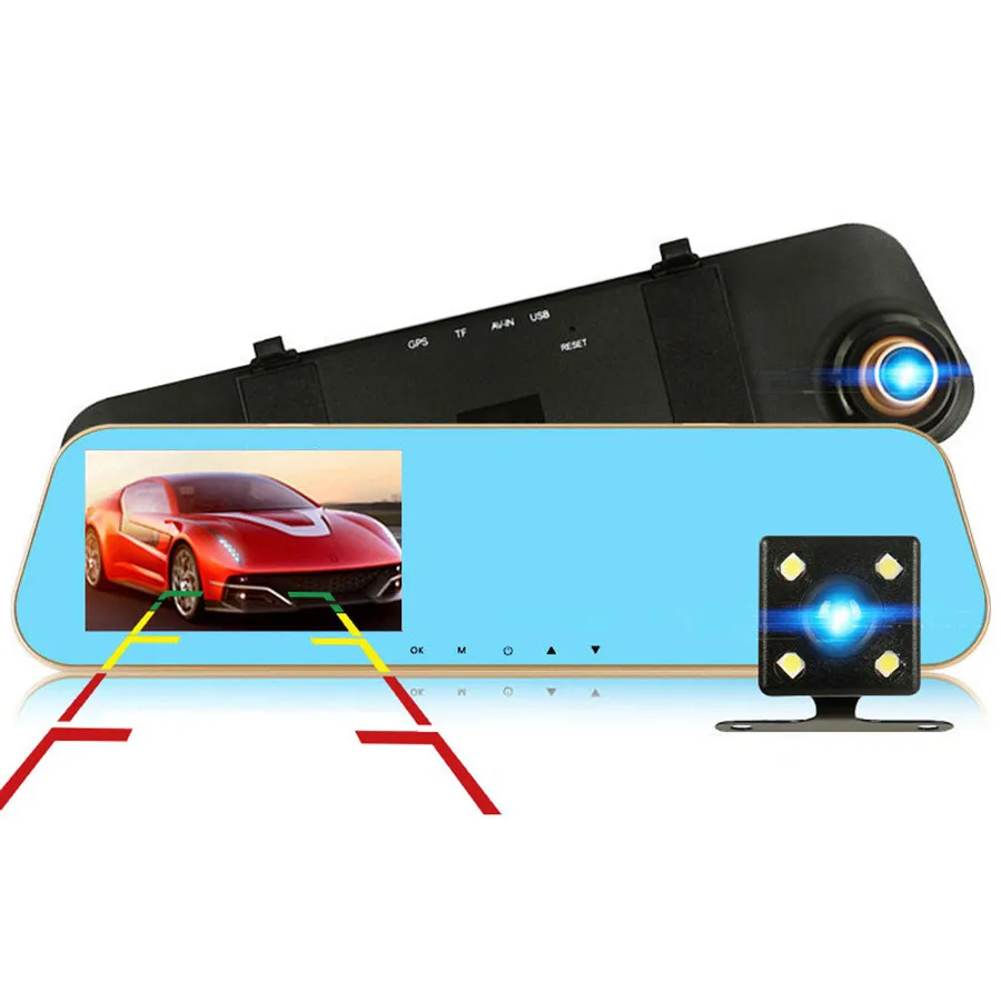 4.3 polegadas Car Espelho Retrovisor DVR IPS 1080p Full HD com câmera traseira Dual Lens Video Recorder