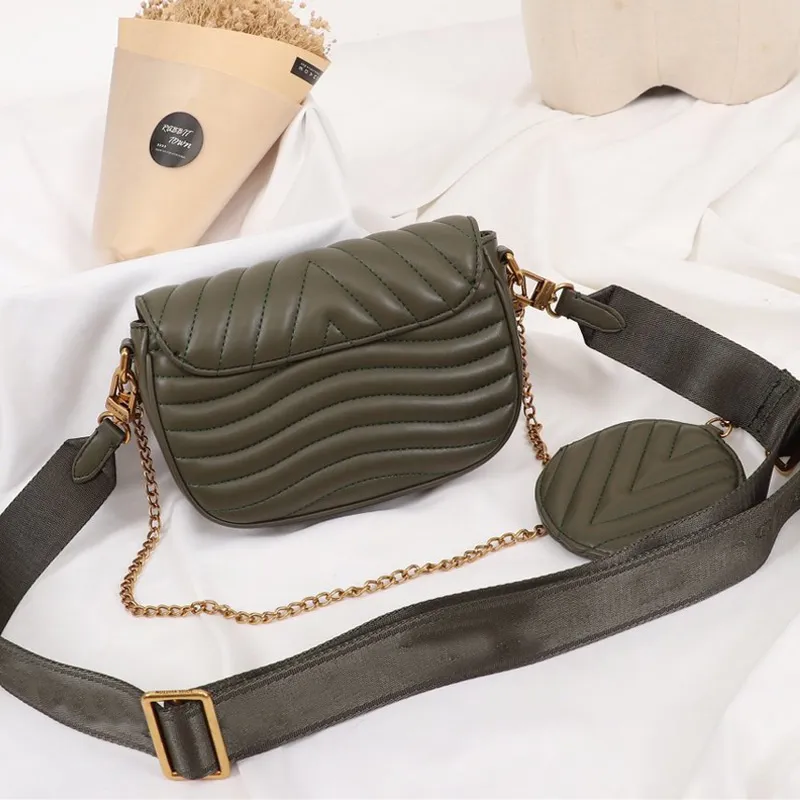 Wave Pattern Real Leather Crossbody Bag Set Handbags with Purse Wallet Multi Pochette Detachable Shoulder Strap Bag Chain Hand Bags