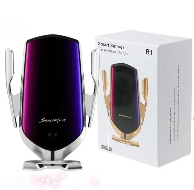 R1 Car Wireless ładowarka Automatyczne zaciskanie 10 W QI Szybkie ładowanie uchwytu na iPhone Samsung Huawei Air Vent Phone z pudełkiem detalicznym MQ100