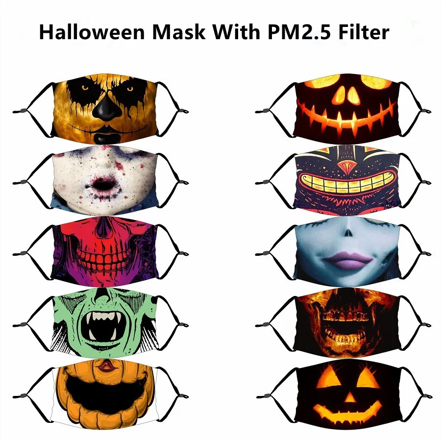 Halloween Mask Reusable 3D Painting Pumpkin Grimace Cotton Face Mask Reusable Protective PM2.5 Carbon Filters Washable Adult Kids Face Masks