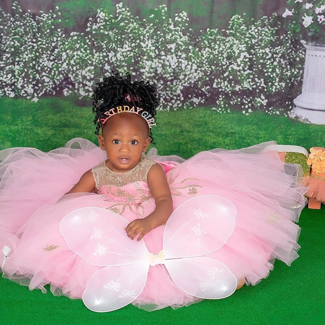 Cheap Lace Pink Flower Girl Dresses Sheer Neck Ball Gown Little